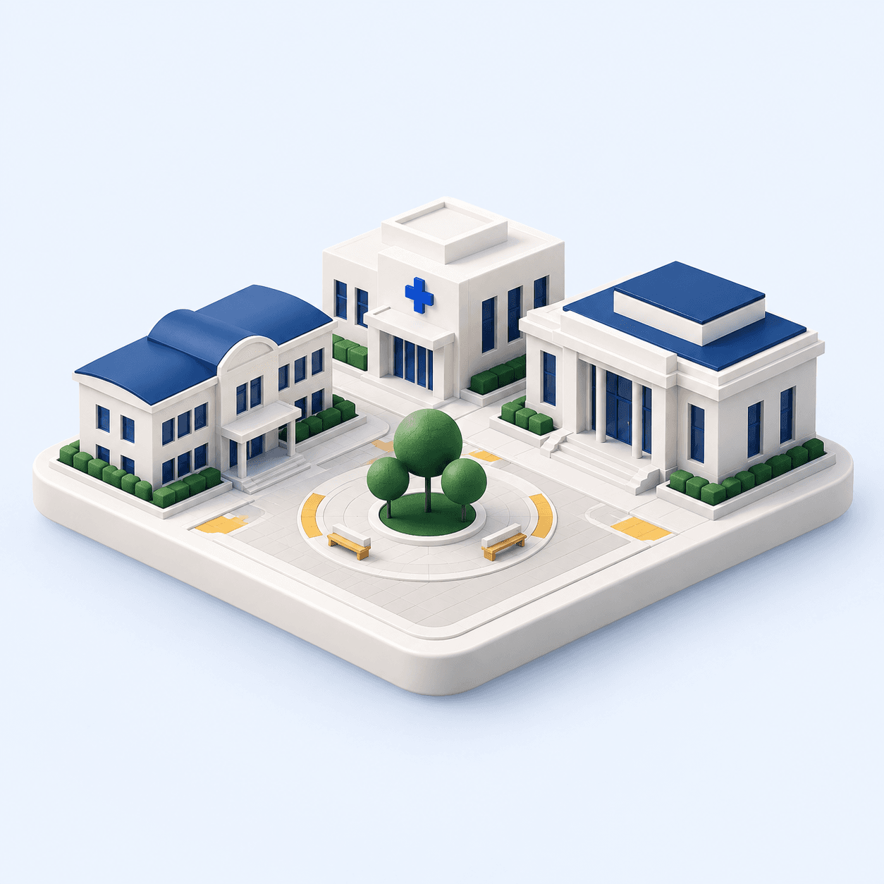 Miniatura de uma cidade com escola, unidade de saúde e administração pública